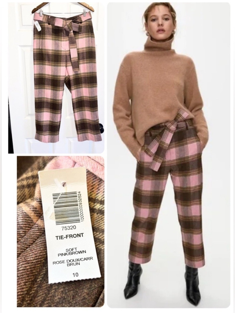 NWT Aritzia Wilfred Tie Front Pants Pink Brown Plaid Wool Cashmere Trousers 10
